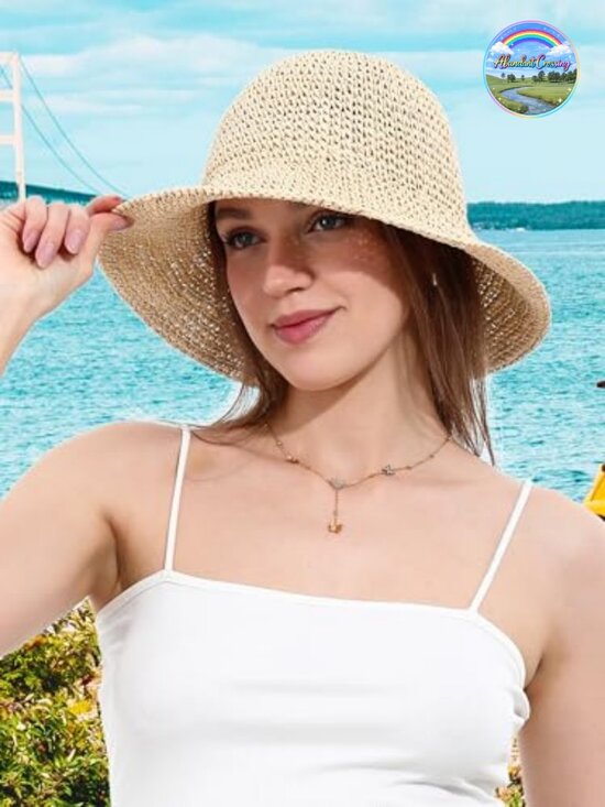 Handmade Crochet Straw Bucket Hat Sun Hat UV Protection Foldable Travel Cap UPF main image 6